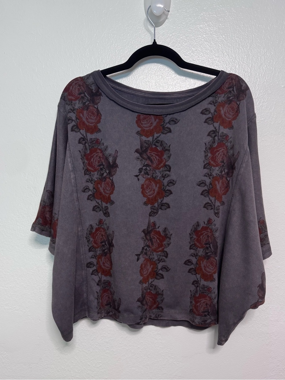 Free People Washed Gray Top with Red Rose Columns
